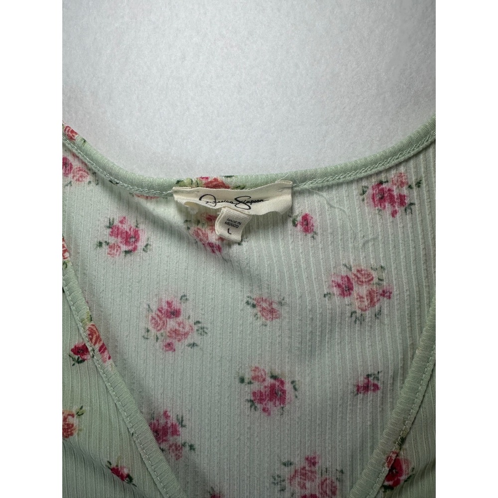 Jessica Simpson Women Floral Ribbed Babydoll Mini Dress Sage Green Pink Rose L - Picture 5 of 12